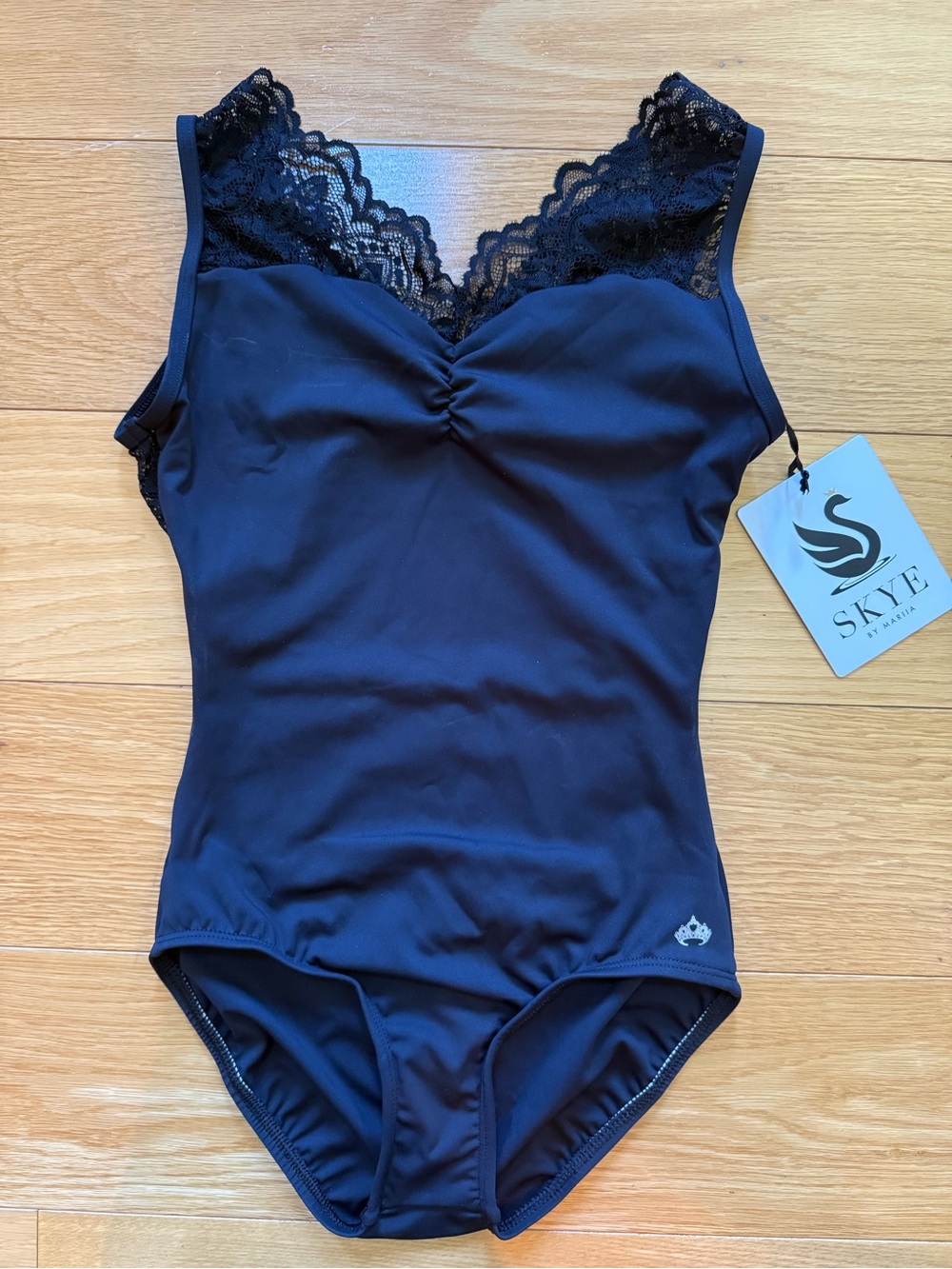 NWT Skye by Mariia Black Lace Pinch Front Leotard - Women’s Size XS